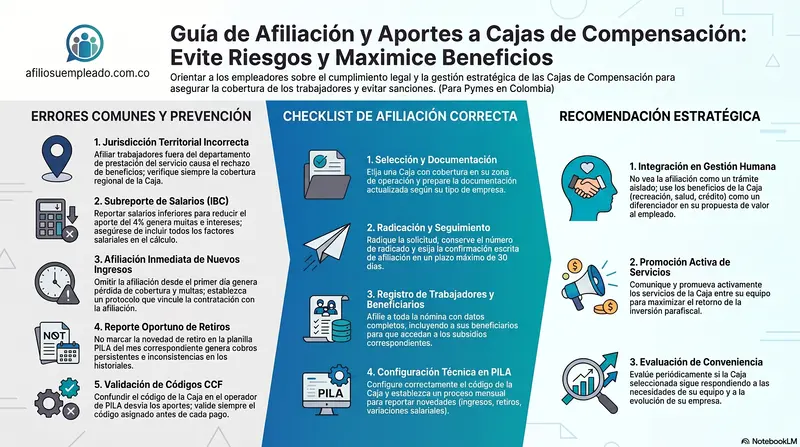 Infografia dirigida a pymes en Colombia que identifica cinco errores frecuentes en la afiliacion a cajas de compensacion familiar: jurisdiccion territorial incorrecta, subreporte de salarios, omision de afiliacion inmediata de nuevos ingresos, reporte inoportuno de retiros y confusion en codigos CCF. Complementa con un checklist de afiliacion correcta en cuatro pasos y tres recomendaciones estrategicas para maximizar los beneficios parafiscales.