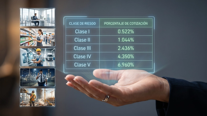 mano representando a una empresa sosteniendo una tabla holografica con clases de riesgo laboral y trabajadores representando actividades economicas segun clasificacion de riesgos, y porcentajes de cotizacion arl en colombia.