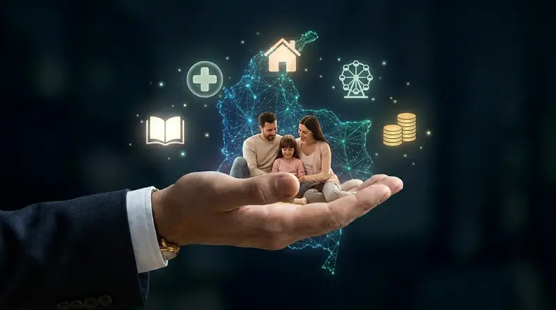 Imagen conceptual que muestra una mano sosteniendo una familia compuesta por padre, madre e hija sentados sobre una representacion digital del mapa de Colombia. Alrededor de la familia se visualizan iconos que representan los principales beneficios de las cajas de compensacion familiar: salud, vivienda, recreacion, educacion y subsidio economico, evocando proteccion y bienestar integral para los trabajadores colombianos.