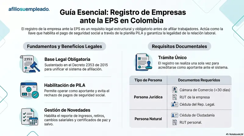 Infografia sobre el registro obligatorio de empresas ante la EPS en Colombia segun el Decreto 2353 de 2015, mostrando fundamentos legales, habilitacion PILA y gestion de novedades, con los documentos requeridos por tipo de persona: juridica con Camara de Comercio, RUT y cedula del representante legal, y natural con cedula y RUT personal.