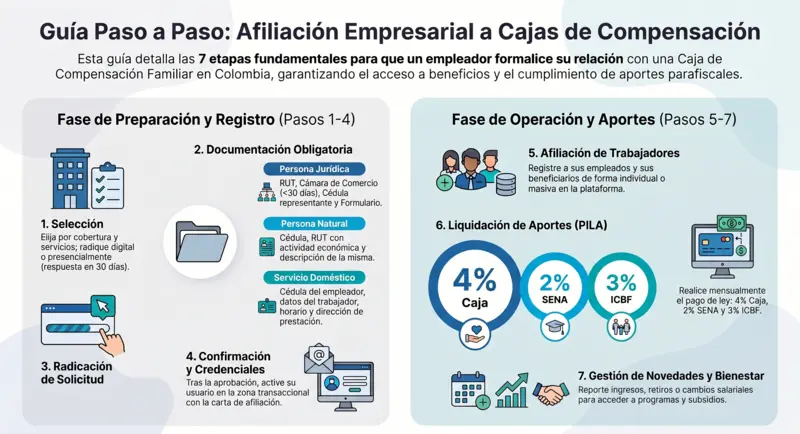  Infografia con las 7 etapas para afiliar una empresa a una caja de compensacion familiar en Colombia. Divide el proceso en dos fases: preparacion y registro que incluye seleccion, documentacion, radicacion y confirmacion de credenciales; y fase de operacion y aportes que cubre afiliacion de trabajadores, liquidacion de aportes PILA con porcentajes del 4 por ciento para la caja, 2 por ciento para el SENA y 3 por ciento para el ICBF, y gestion de novedades.