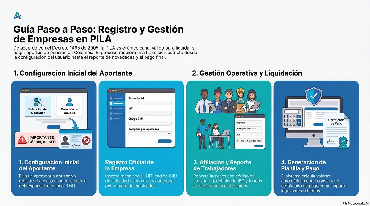 Infografia con guia paso a paso para el registro y gestion de empresas en la Planilla Integrada de Liquidacion de Aportes PILA en Colombia, mostrando los cuatro pasos: configuracion inicial del aportante con seleccion de operador y cedula, registro oficial con razon social y NIT, afiliacion y reporte de trabajadores con codigo cotizante, y generacion de planilla y certificado de pago.