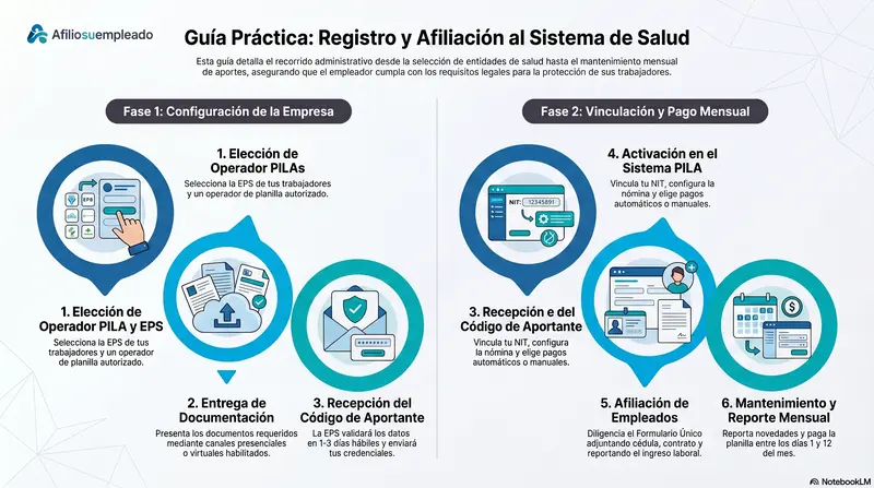 Infografia con las 6 fases del proceso de registro y afiliacion de empresas al sistema de salud en Colombia: eleccion de operador PILA y EPS, entrega de documentacion, recepcion del codigo de aportante, activacion en PILA, afiliacion de empleados y mantenimiento mensual de aportes y novedades.