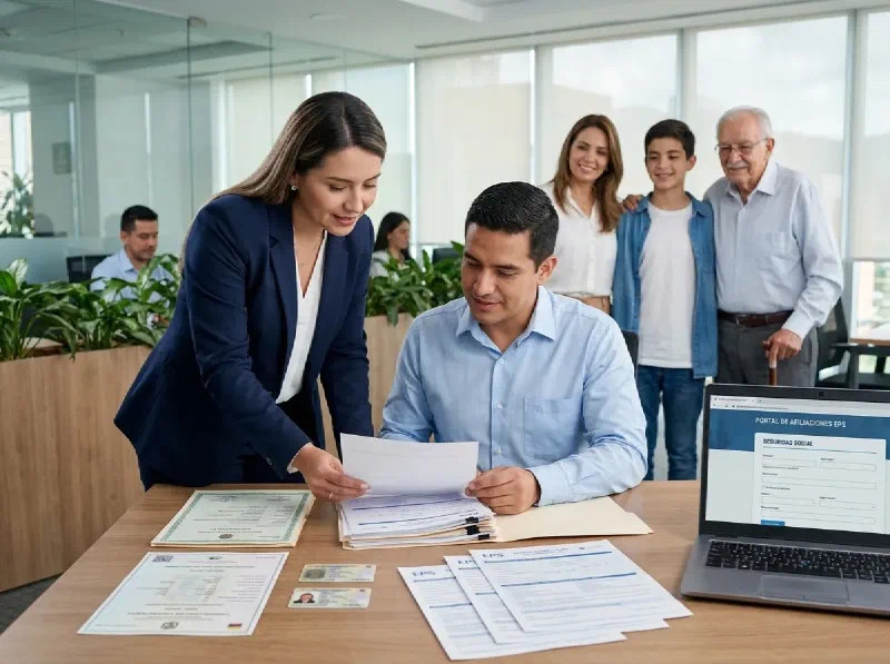 Fotografía de un proceso de afiliación de beneficiarios a EPS en Colombia, donde un profesional de recursos humanos revisa documentos familiares como registros civiles, cédulas y certificados junto a un empleado En proceso de firma de contrato Laboral