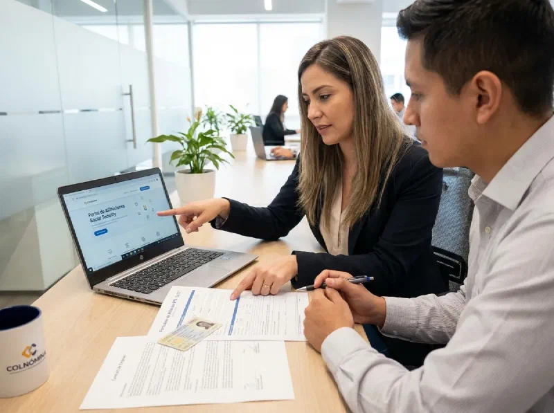 Fotografía hiperrealista de un profesional de recursos humanos en Colombia ayudando a un empleado a completar su afiliación a EPS, con documentos laborales y plataforma digital en una oficina moderna, representando el proceso de seguridad social empresarial.