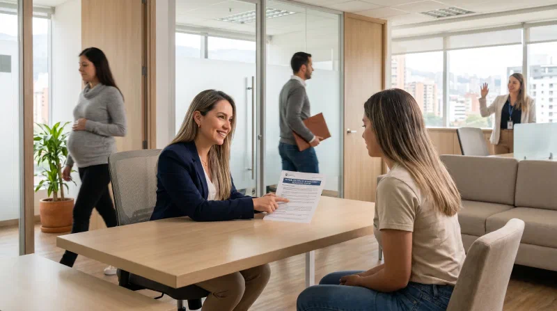 Imagen que muestra Una escena De una mujer embarazada un asesor mostrando un o explicándole La manera en que se deben Liquidar las novedades en las planillas PILA Con los operadores en Seguridad Social empresarial con Una trabajadora recibiendo un cliente en el fondo.