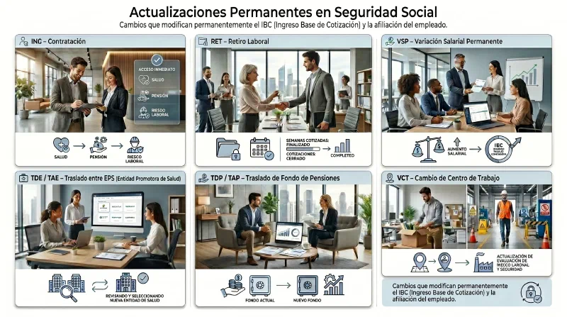 Infografía sobre novedades permanentes en seguridad social y cambios en afiliación, salario y PILA en Colombia.