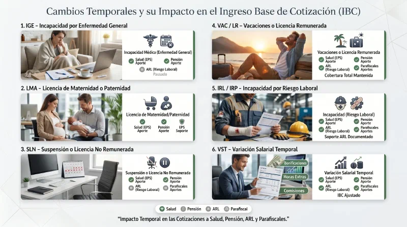 Infografía editorial sobre novedades transitorias en seguridad social en Colombia. La imagen muestra seis situaciones laborales cotidianas relacionadas con el IBC: incapacidad médica, licencia de maternidad, suspensión laboral temporal, vacaciones remuneradas, accidente laboral y variación salarial temporal. Cada sección incluye empleados en contextos reales de oficina y elementos visuales que representan aportes a Salud, Pensión, ARL y parafiscales. Diseño limpio, corporativo y fácil de entender.